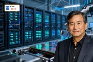 Futuristic chip fab and data center symbolizing Intel AI Partnerships with Google and Terafab