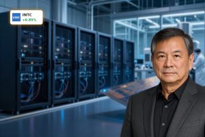 High-end chip wafer and AI server racks symbolizing Intel Forecast and AI-driven data center demand