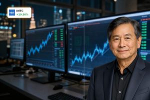 Intel Earnings spark sharp stock surge with AI-driven rally visualized by rising candlestick chart.