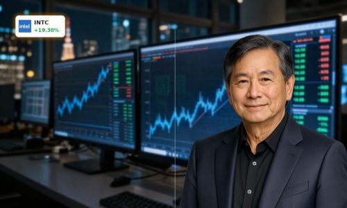 Intel Earnings spark sharp stock surge with AI-driven rally visualized by rising candlestick chart.