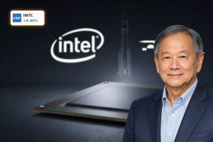 Intel SpaceX Partnership concept with advanced chip wafer and rocket in dramatic lighting