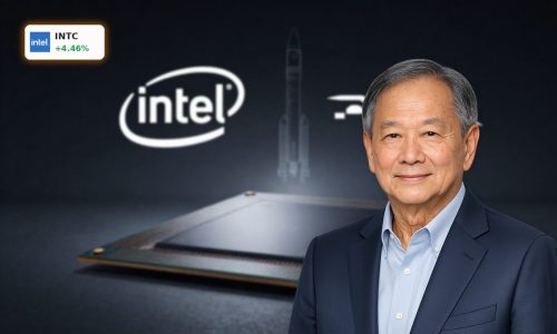 Intel SpaceX Partnership concept with advanced chip wafer and rocket in dramatic lighting
