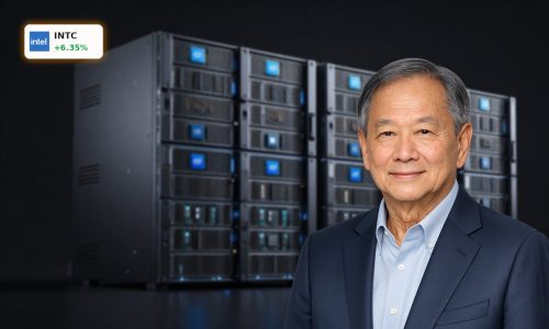 High-end server rack with Xeon CPUs optimized for Intel AI Inference in a dark data center