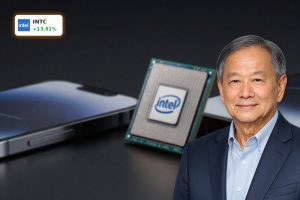 Intel Apple Deal concept with Intel chip and Apple device symbolizing new US foundry partnership