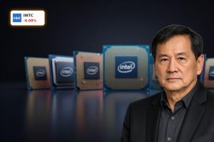 Intel Plunge spotlighted by dramatic AI server chips and processors under moody lighting