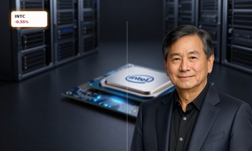 High-end Intel CPU on motherboard in AI data center, symbolizing bullish Intel Forecast and AI-driven growth outlook