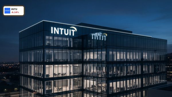 Intuit corporate headquarters building at dusk, highlighting the Intuit Rating and stock downgrade.