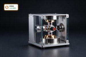 IonQ Quantum Funding focus with trapped-ion quantum computer hardware in a premium dark studio setting