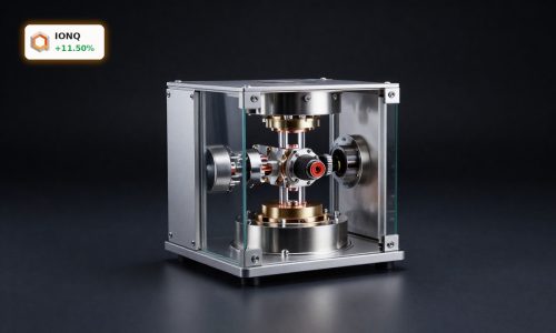 IonQ Quantum Funding focus with trapped-ion quantum computer hardware in a premium dark studio setting