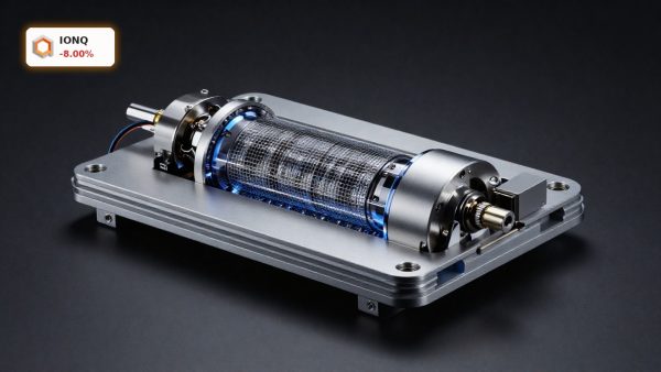 IonQ Commercialization trapped-ion quantum computer hardware in premium dark studio lighting
