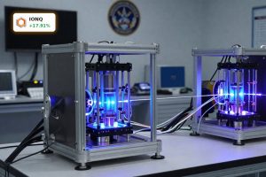 IonQ DARPA HARQ quantum lab with trapped-ion systems linked by photonic interconnects in a defense research setting.