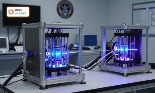 IonQ DARPA HARQ quantum lab with trapped-ion systems linked by photonic interconnects in a defense research setting.