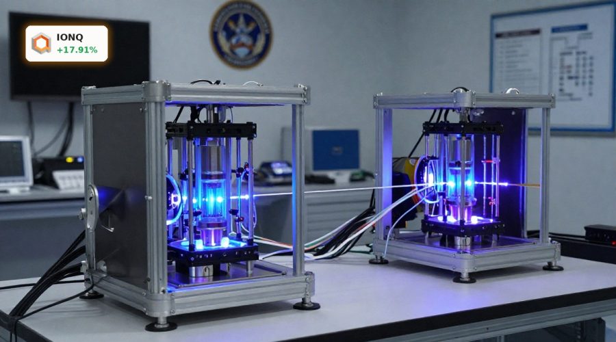 IonQ DARPA HARQ quantum lab with trapped-ion systems linked by photonic interconnects in a defense research setting.