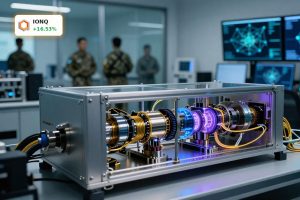 Quantum lab with trapped-ion hardware symbolizing IonQ DARPA Program defense-backed quantum networking surge