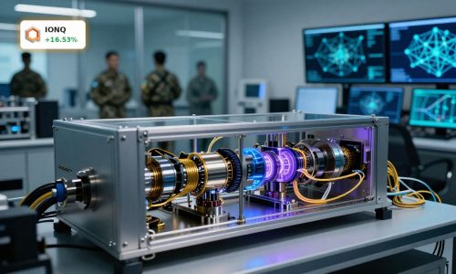 Quantum lab with trapped-ion hardware symbolizing IonQ DARPA Program defense-backed quantum networking surge