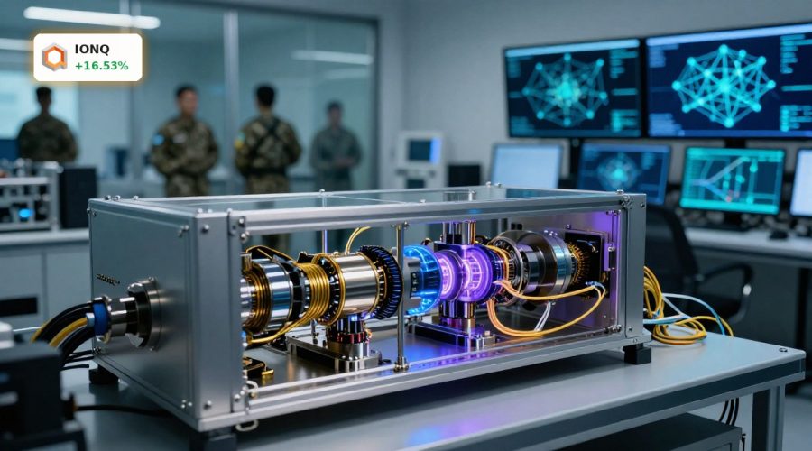 Quantum lab with trapped-ion hardware symbolizing IonQ DARPA Program defense-backed quantum networking surge