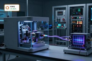 IonQ Quantum Breakthrough lab scene with linked trapped-ion quantum systems and photonic network hardware
