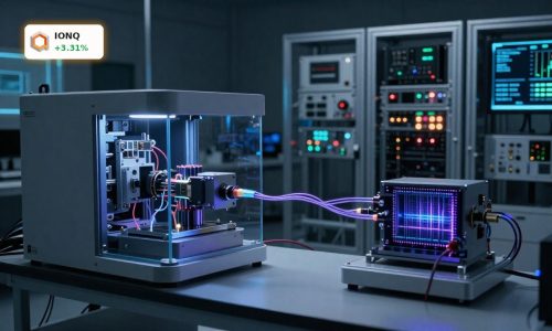 IonQ Quantum Breakthrough lab scene with linked trapped-ion quantum systems and photonic network hardware