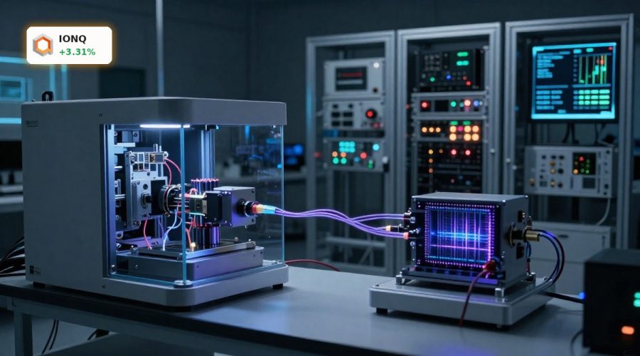 IonQ Quantum Breakthrough lab scene with linked trapped-ion quantum systems and photonic network hardware