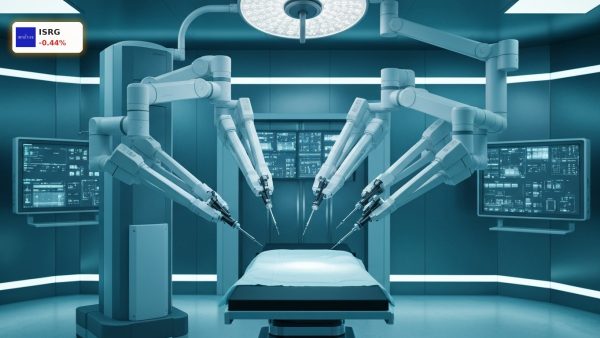 Robotic surgery system in a modern operating room following the Intuitive Surgical Earnings report.
