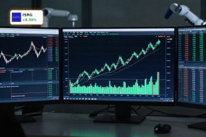 Candlestick chart surging upward on trading screens after strong Intuitive Surgical Earnings.