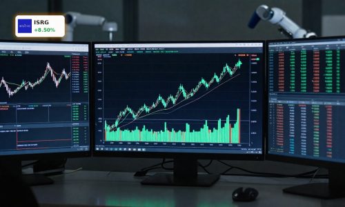 Candlestick chart surging upward on trading screens after strong Intuitive Surgical Earnings.