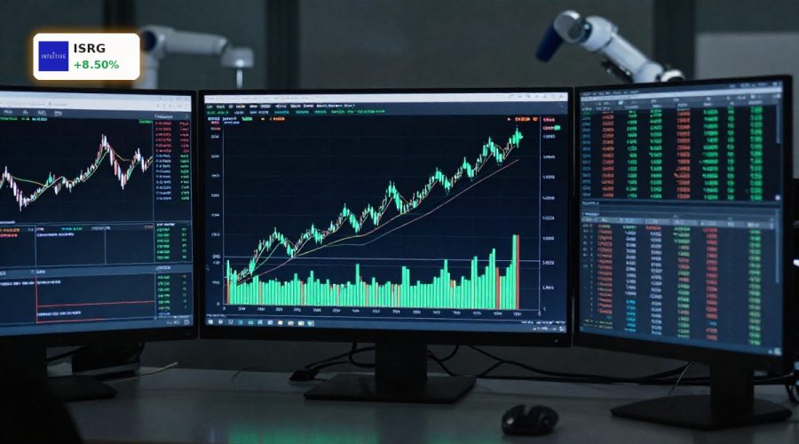 Candlestick chart surging upward on trading screens after strong Intuitive Surgical Earnings.