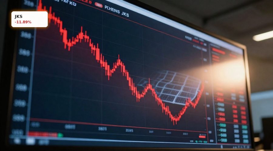 JinkoSolar Earnings reaction with JKS stock chart plunging amid solar industry volatility.