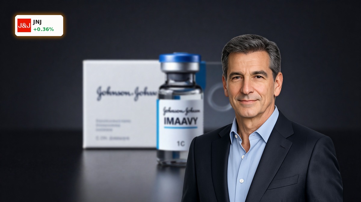 Johnson & Johnson IMAAVY vial in premium studio lighting for rare disease drug and growth story