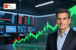 Johnson & Johnson Earnings surge visualized by a rising stock chart after strong Q1 results and dividend increase.