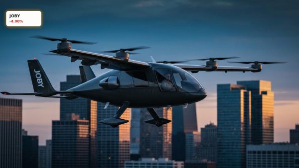 An eVTOL air taxi flying over a city skyline during a Joby Aviation Insider Sale stock dip.