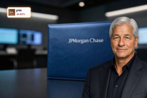 JPMorgan Private Credit Risk symbolized by locked blue portfolio case in a dark trading room