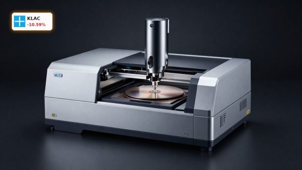 KLA Insider Trading theme with semiconductor wafer inspection equipment on dark studio background