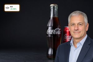 Coca-Cola Earnings highlighted with premium Coke bottle and can against dark market-themed background