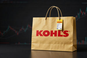 Kohl's Earnings reaction symbolized by branded shopping bag against volatile stock market backdrop