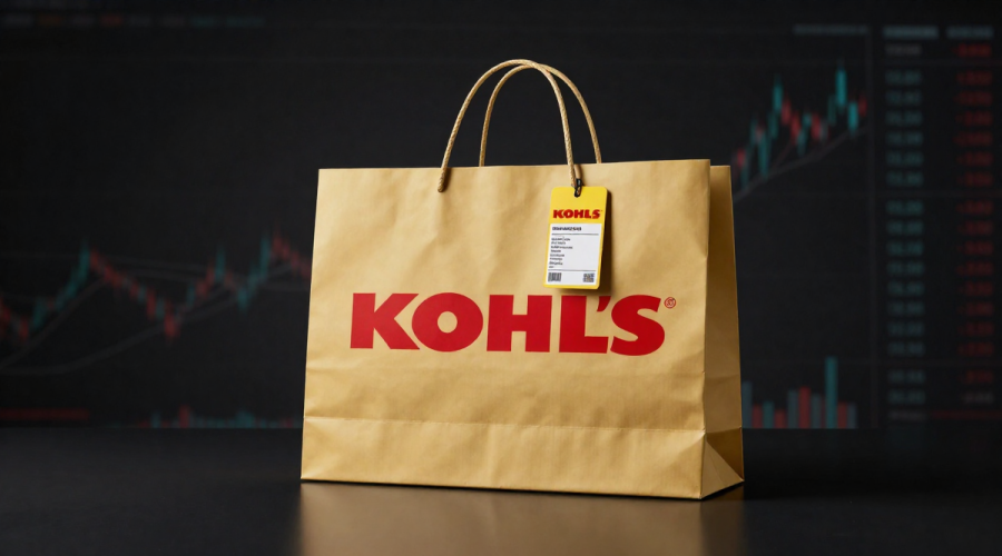 Kohl's Earnings reaction symbolized by branded shopping bag against volatile stock market backdrop