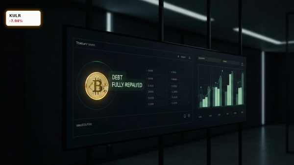 KULR Bitcoin Sale visualized on a digital corporate balance sheet screen showing debt payoff.