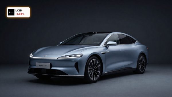 Lucid Restructuring highlighted by a Lucid Air EV in dark studio lighting amid cost-cutting concerns