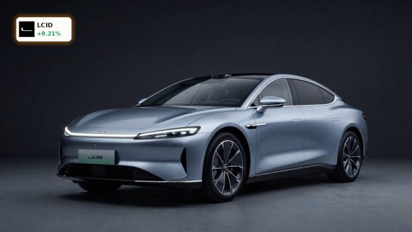 Lucid Financing spotlight on Lucid Air luxury EV in dark studio as LCID gains after $800M debt funding
