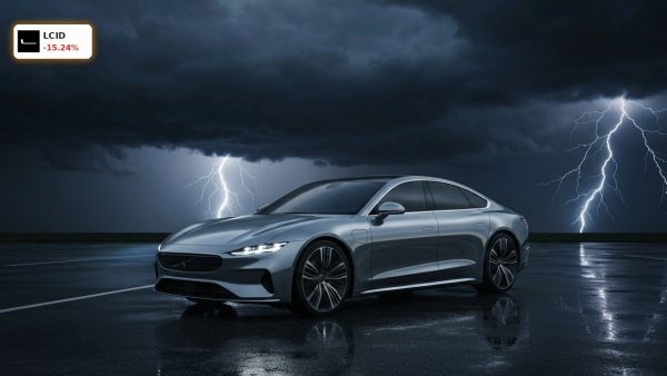 A luxury electric sedan under dark storm clouds symbolizing the Lucid Group Bankruptcy rumors.