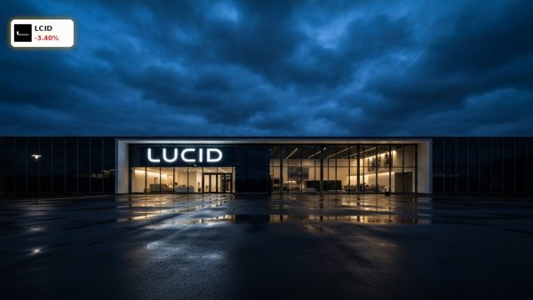 Lucid Financials and corporate headquarters under a dark twilight sky reflecting high cash burn and net losses.