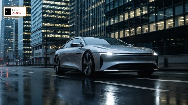 A luxury electric sedan driving through a dark city, highlighting the intense Lucid Group Speculation.