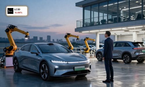 Lucid Group CEO Change visualized by new leader overlooking EV production and robotaxi-ready vehicles