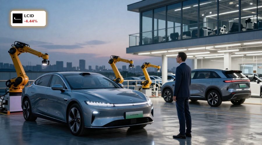 Lucid Group CEO Change visualized by new leader overlooking EV production and robotaxi-ready vehicles