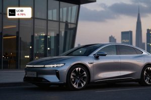 Luxury EV in financial district at dusk reflecting Lucid Group Forecast uncertainty and Saudi-backed outlook