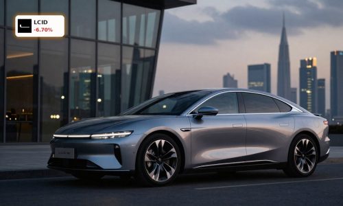 Luxury EV in financial district at dusk reflecting Lucid Group Forecast uncertainty and Saudi-backed outlook