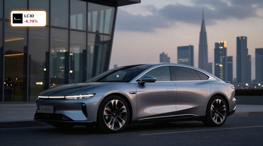 Luxury EV in financial district at dusk reflecting Lucid Group Forecast uncertainty and Saudi-backed outlook