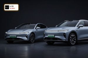Lucid Earnings spotlight on Lucid luxury EV sedan and Gravity SUV under dramatic studio lighting