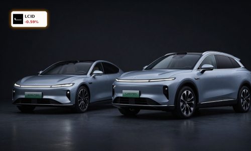 Lucid Earnings spotlight on Lucid luxury EV sedan and Gravity SUV under dramatic studio lighting
