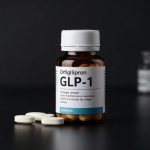 Eli Lilly Orforglipron pill bottle and tablets in premium product shot on dark background